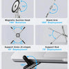 Diagrams showing various adjustment angles for a foldable laptop and phone mount including magnetic suction head, stand arm, 