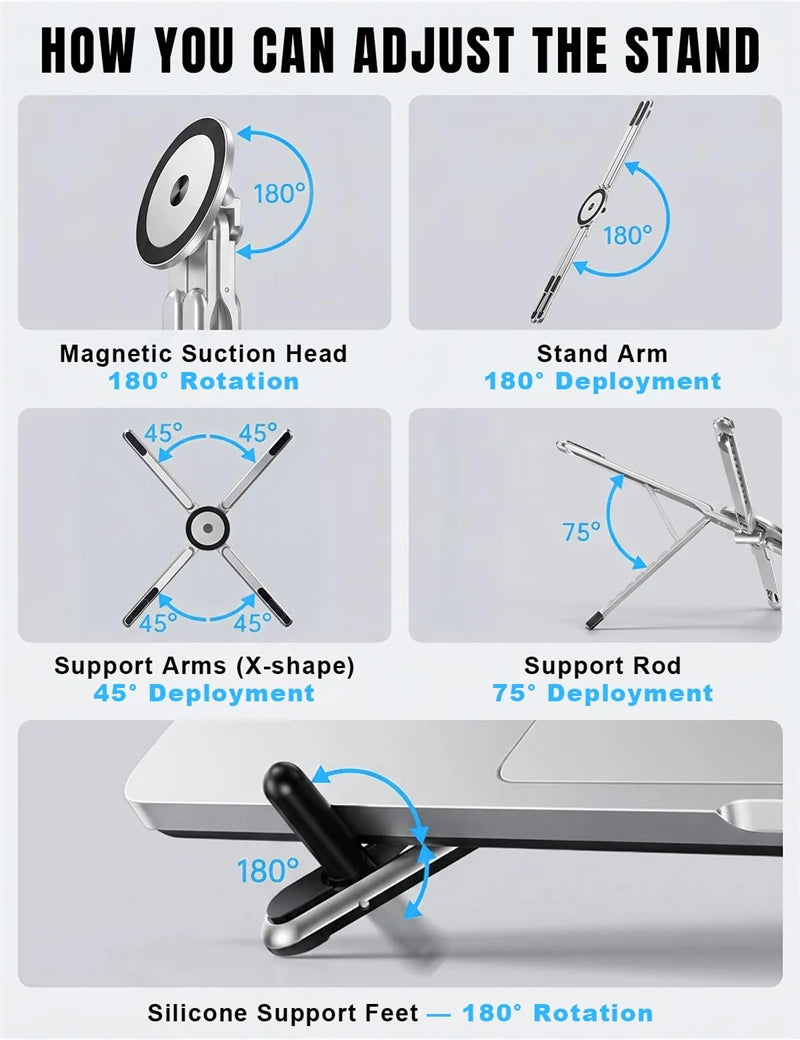Diagrams showing various adjustment angles for a foldable laptop and phone mount including magnetic suction head, stand arm, 