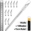 A precision craft knife set featuring 11 stainless steel blades and a 15cm steel ruler.