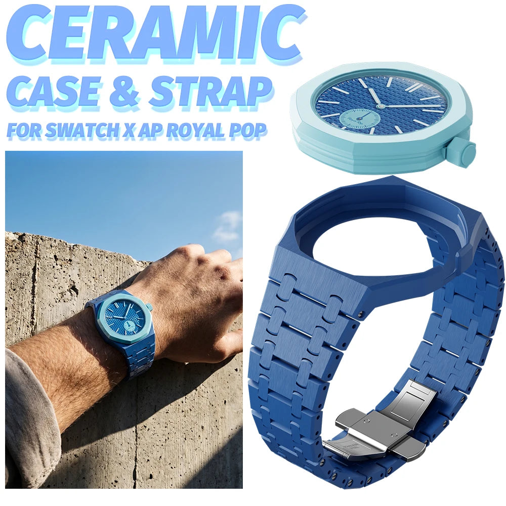 A blue ceramic watch case and strap set for the Swatch X AP Royal POP watch shown on a wrist.