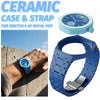 A blue ceramic watch case and strap set for the Swatch X AP Royal POP watch shown on a wrist.