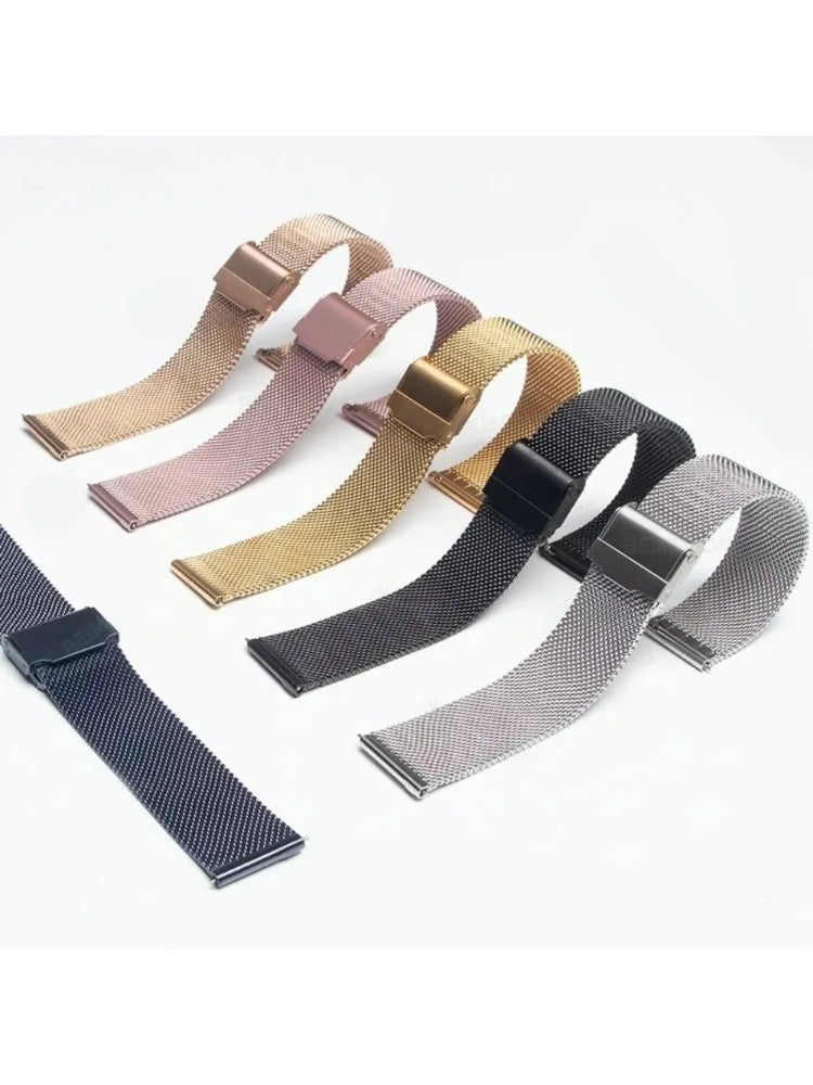 A collection of various colored Milanese loop watch bands in stainless steel mesh, including gold, rose gold, and black.