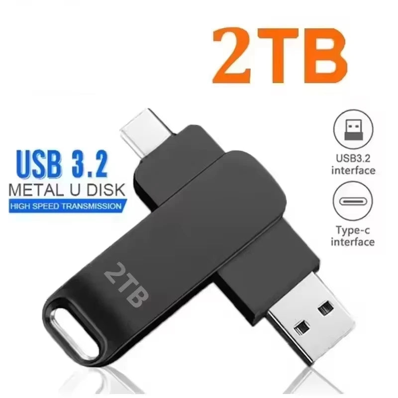 A black USB 3.2 Metal U disk with a 2TB capacity and Type-C interface connector.
