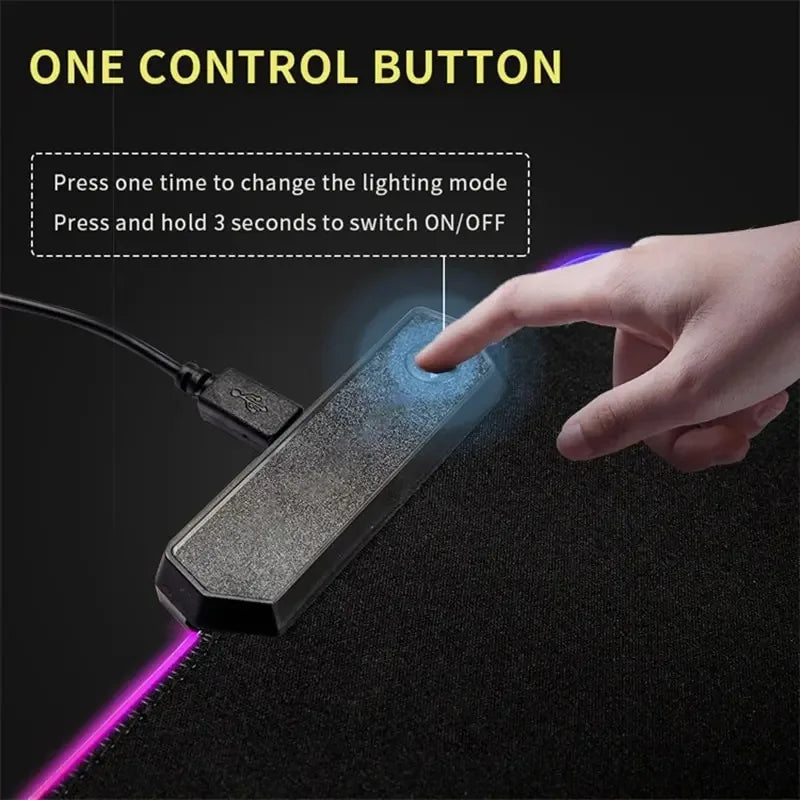 A hand presses a single control button on an RGB backlit mouse pad to change the lighting mode.