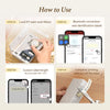 Guide étape par étape montrant comment charger le ruban, connecter via Bluetooth, personnaliser la longueur de l'étiquette et