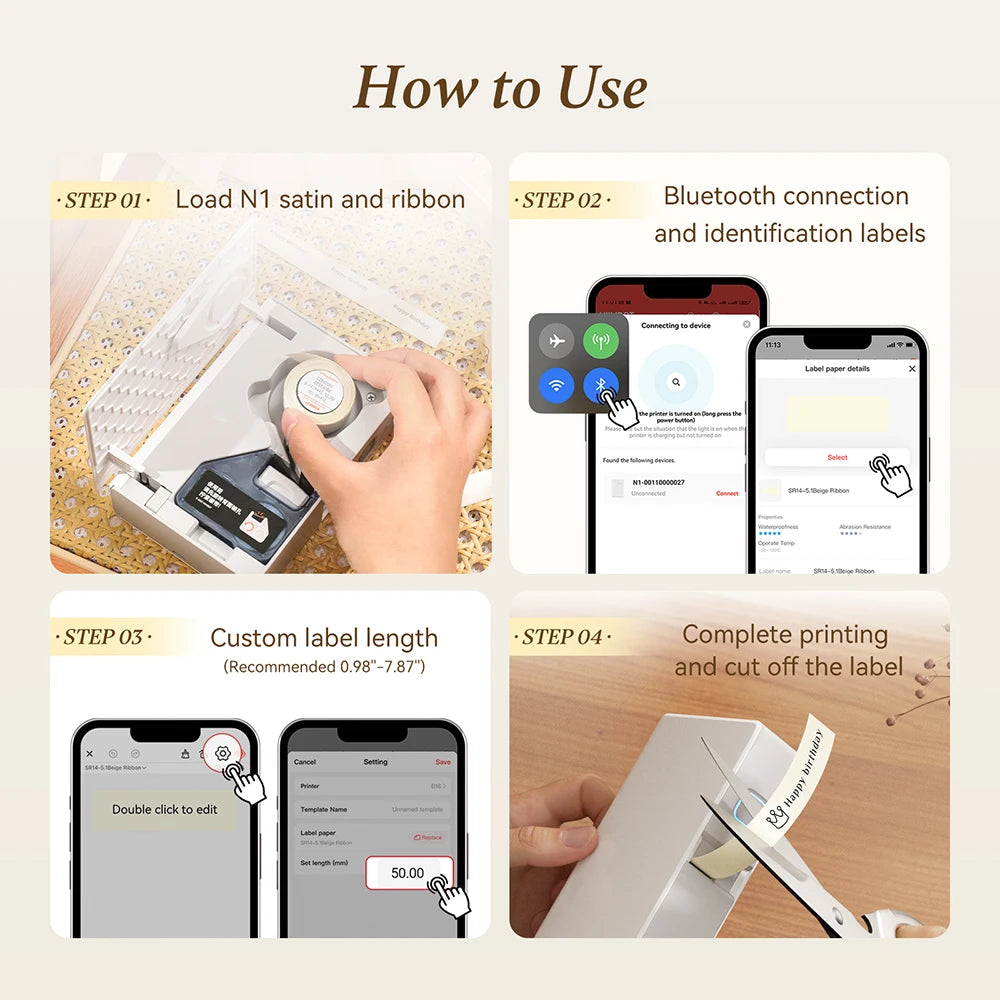 Guide étape par étape montrant comment charger le ruban, connecter via Bluetooth, personnaliser la longueur de l'étiquette et