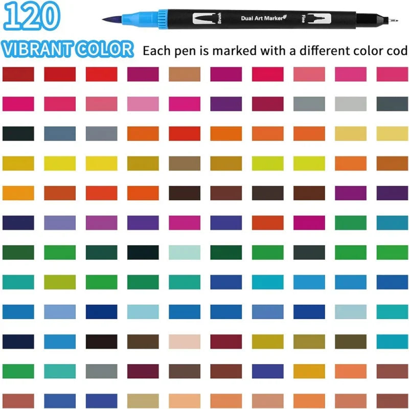 A grid of 36 vibrant colored dual-tip brush markers for art and calligraphy