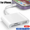 Lector de tarjeta blanco 3 en 1 con ranuras USB, SD y TF para iPhone y otros dispositivos.
