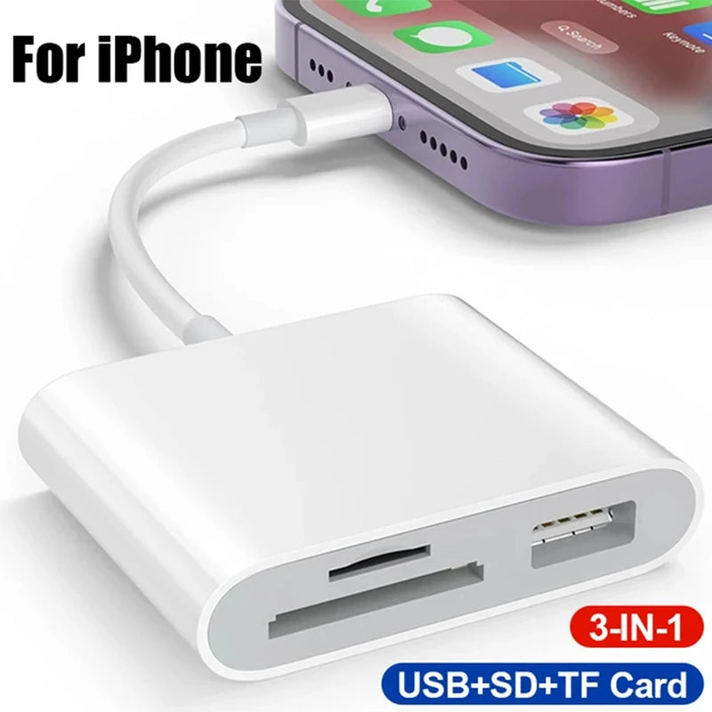 Lector de tarjeta blanco 3 en 1 con ranuras USB, SD y TF para iPhone y otros dispositivos.