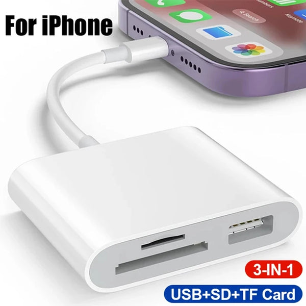 A white 3-in-1 card reader featuring USB, SD, and TF card slots for iPhone and other devices.