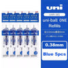 Pack of five Uni-Ball ONE refills in blue color with a white and blue label