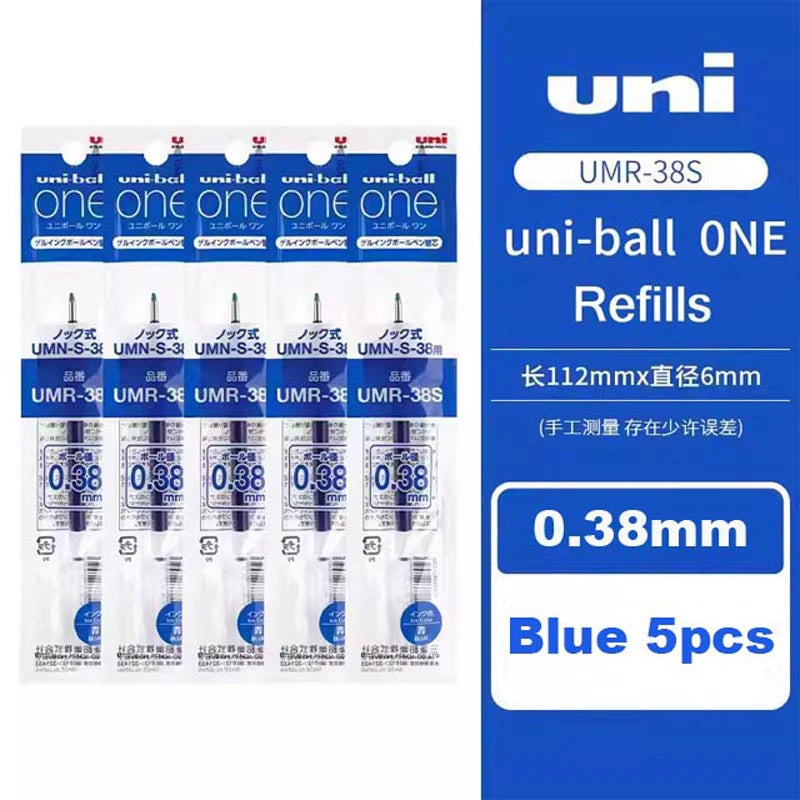 Pack of five Uni-Ball ONE refills in blue color with a white and blue label