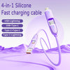 A purple 4-in-1 silicone fast charging cable with multiple connectors shown against a light purple background.