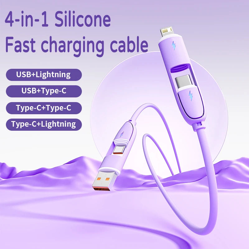 A purple 4-in-1 silicone fast charging cable with multiple connectors shown against a light purple background.