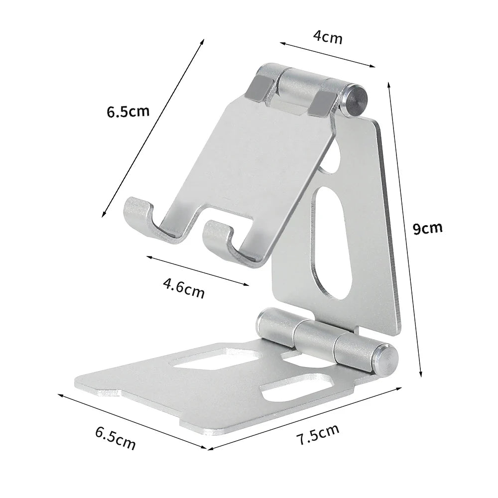 Support de téléphone en métal argenté avec bras réglables et base plate.
