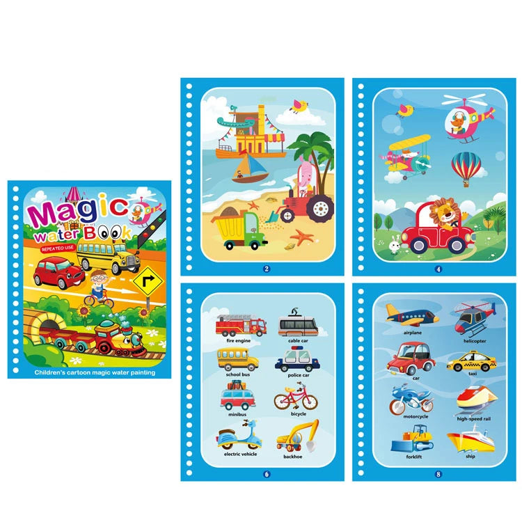 A set of five watercolor drawing and coloring notebooks featuring various vehicles like cars, airplanes, helicopters, and shi