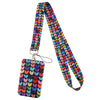A colorful, patterned fabric lanyard with a metal clip and a tag attached.