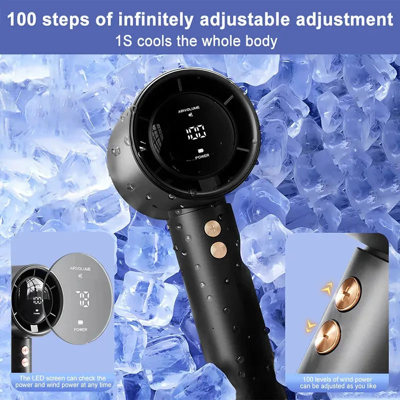 A black handheld cooling fan is shown against a background of ice cubes, demonstrating its adjustable features.