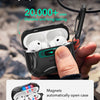 A hand opens a black magnetic AirPods case with one hand, demonstrating its easy opening feature.