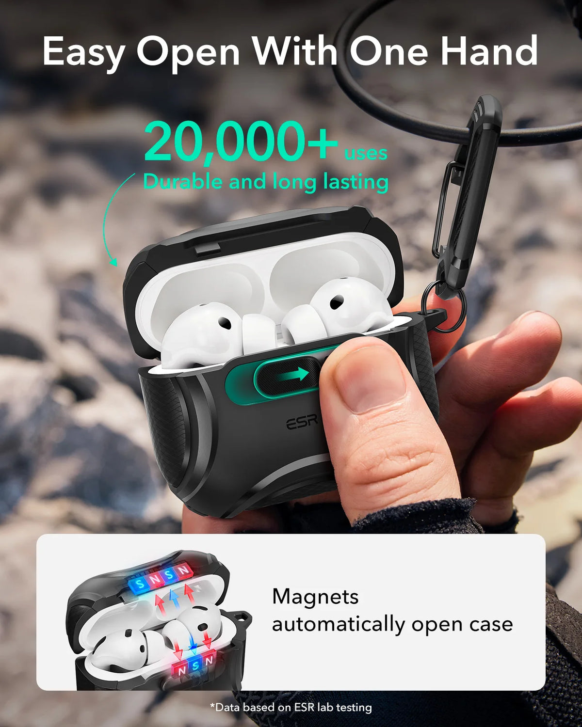 A hand opens a black magnetic AirPods case with one hand, demonstrating its easy opening feature.