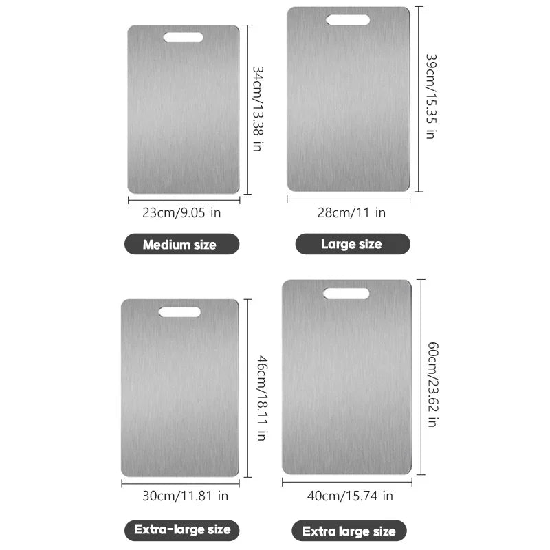 A set of three stainless steel double-sided cutting boards in various sizes and finishes.