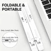 A white foldable and portable laptop cooling stand shown next to a laptop keyboard.