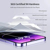 A close-up of a phone screen protector demonstrating SGS certified 9H hardness and multi-layer protection.