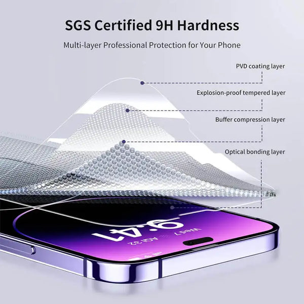 A close-up of a phone screen protector demonstrating SGS certified 9H hardness and multi-layer protection.