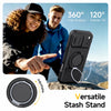 Schwarzes Handy-Cover mit Ständer gezeigt, das 360-Grad-Rotation und 120-Grad-Neigung demonstriert.