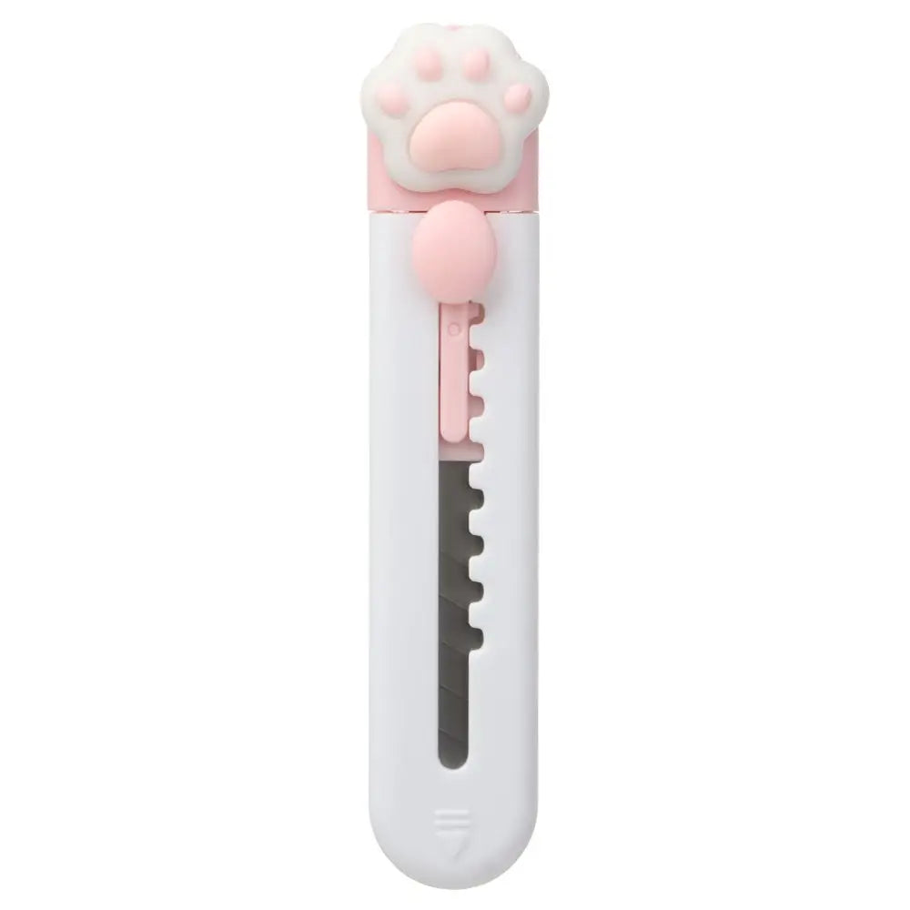 Weiße, ausziehbare Taschenmesser mit rosa Pfotenspurengriff und silberner Klinge.