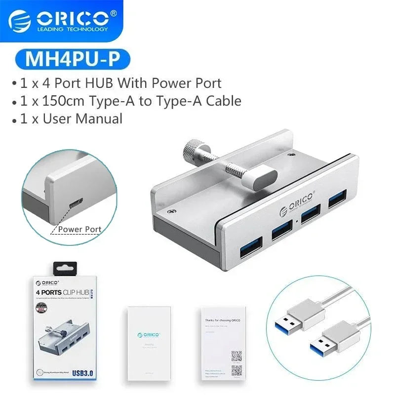 A white Multi-Port USB 3.0 Hub with a power port and user manual is shown alongside its components.