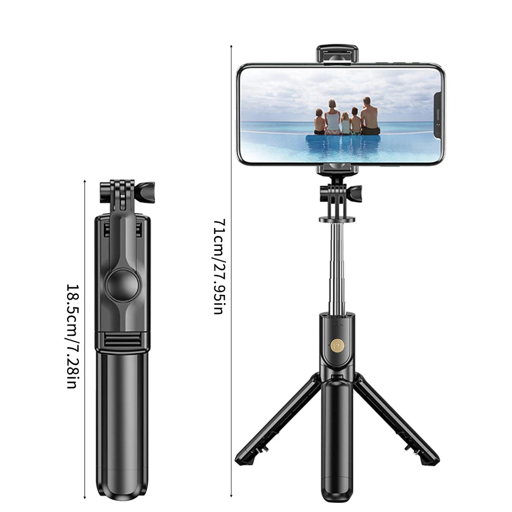 A black 3-in-1 selfie stick tripod with an LED fill light and Bluetooth remote, shown in a vertical view.