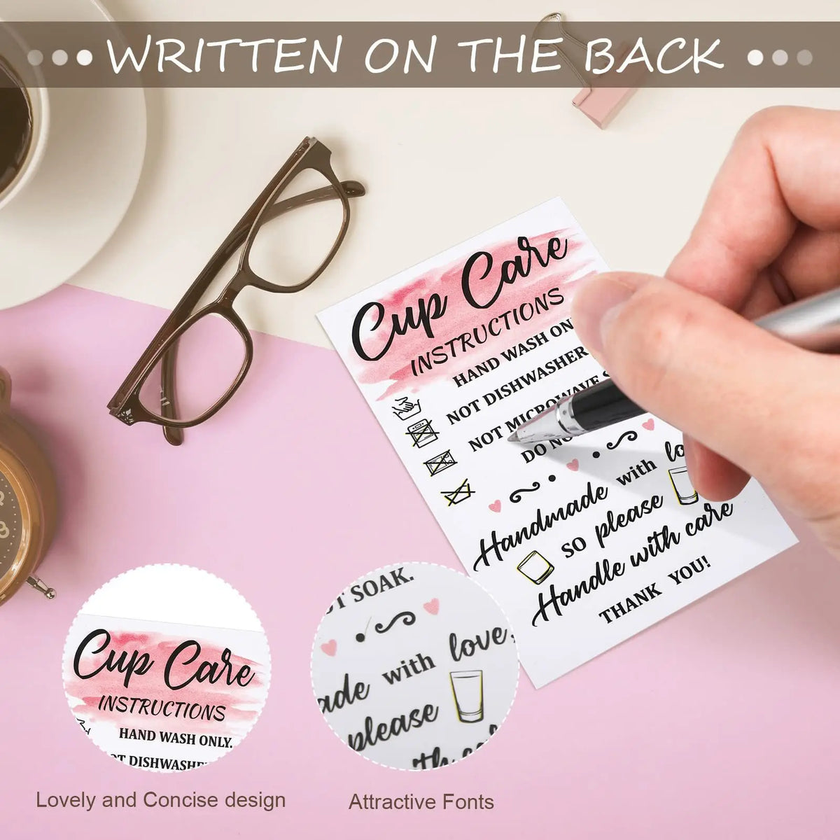 A hand holds a card with cup care instructions written on the back, featuring pink and white designs.