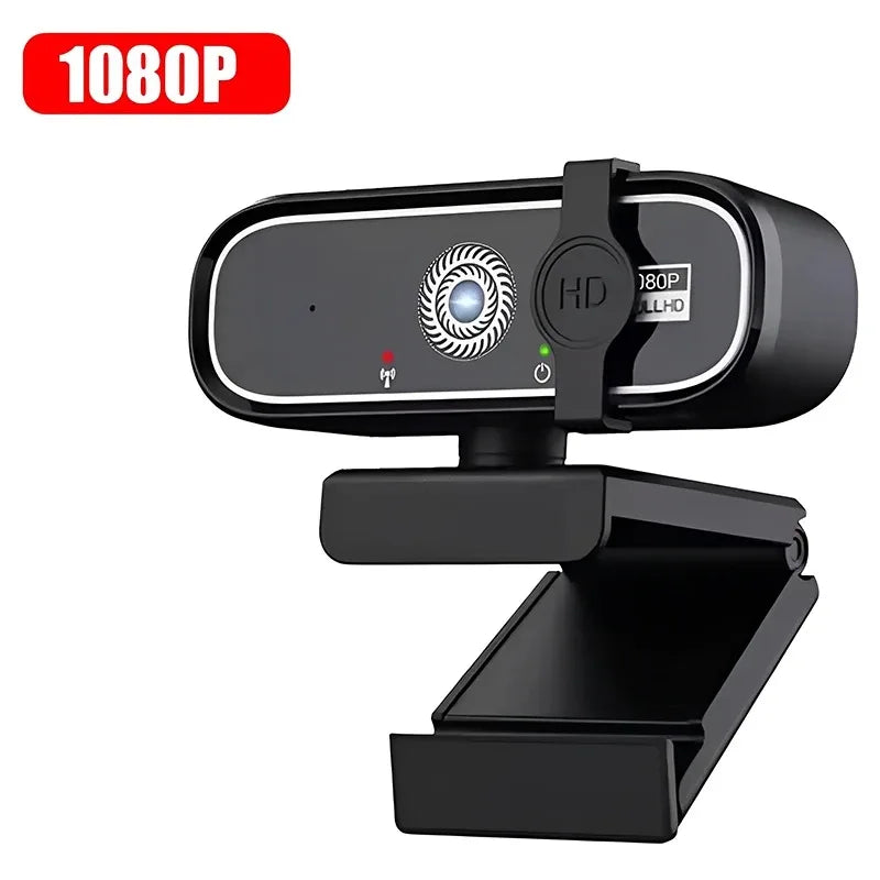 Schwarze 1080P-Webcam mit eingebautem Mikrofon und Stativbefestigung.