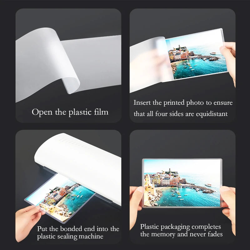 Demonstration of opening, inserting a photo, and sealing clear thermal laminating pouches for memory preservation.