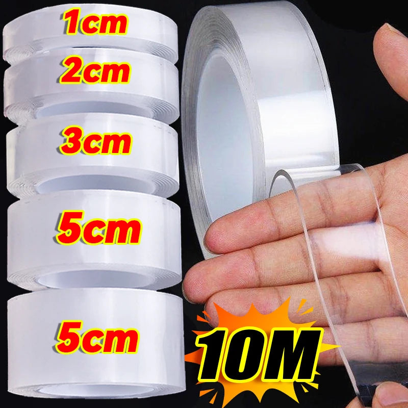 Rolls of clear double-sided gap tape in various thicknesses, ranging from 1cm to 5cm, shown being held by a hand.