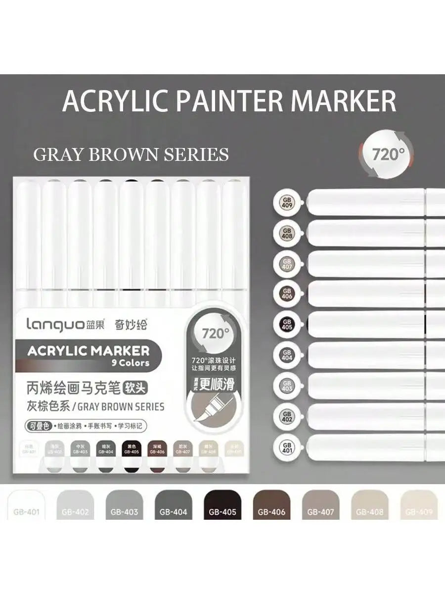 Gray brown series acrylic paint marker set with 9 colors and 720 degree tip