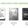 Drei externe Festplattenoptionen: eine 1,0TB SATA-Festplatte, eine 3TB SATA-Festplatte und eine ADATA SSD.