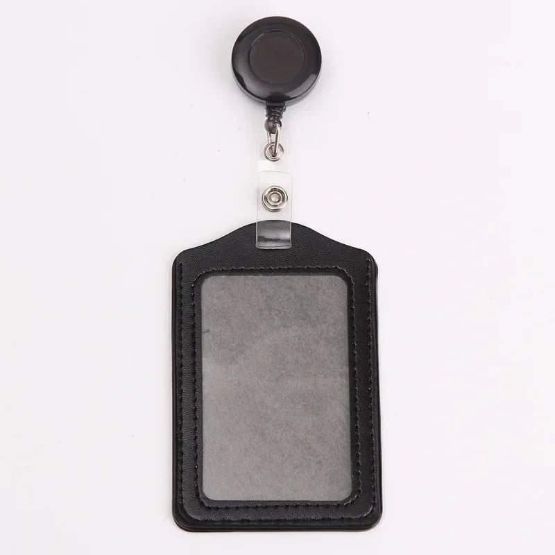 Black PU leather retractable ID card holder with a clear badge case and reel.