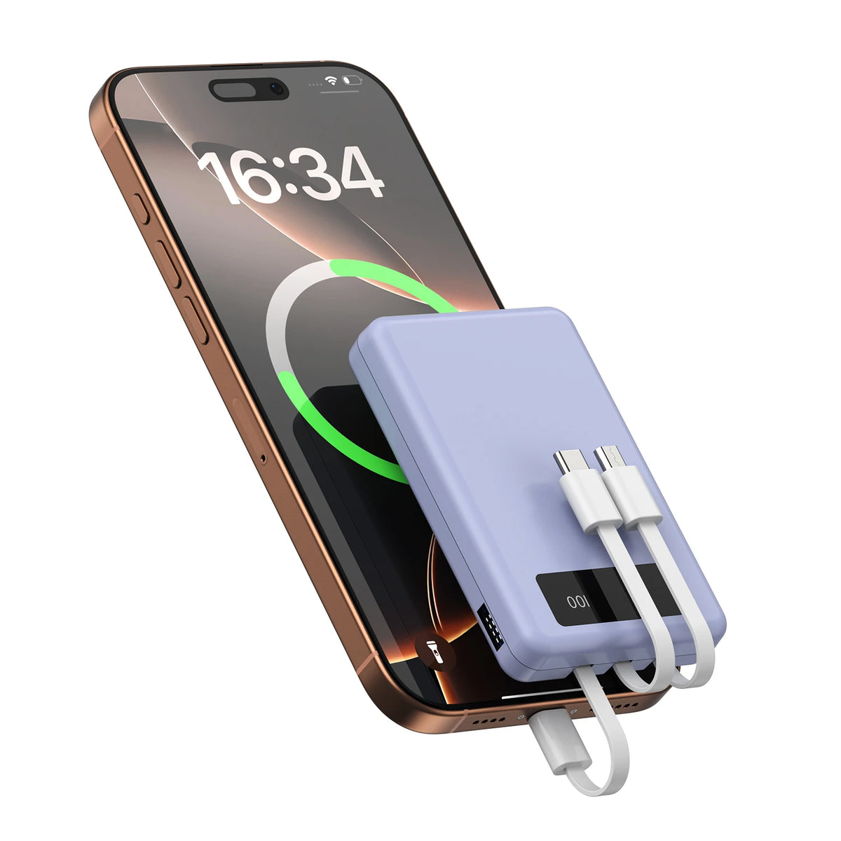 A portable power bank in light purple is shown connected to a smartphone displaying the time 16:34.