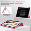A pink iPad case demonstrating strong magnetic connections and various angles for hands-free enjoyment.
