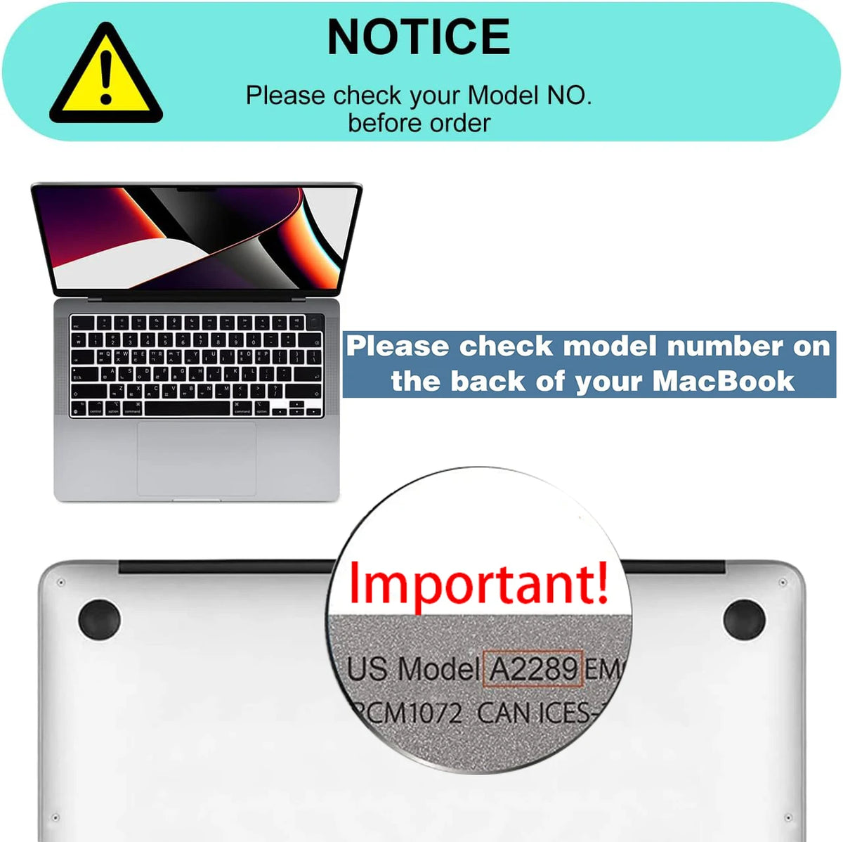 A close-up of a silver MacBook, showing a notice about checking the model number before ordering.