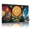 Stained glass art featuring a castle, skull, and swirling blue patterns on a mouse pad.