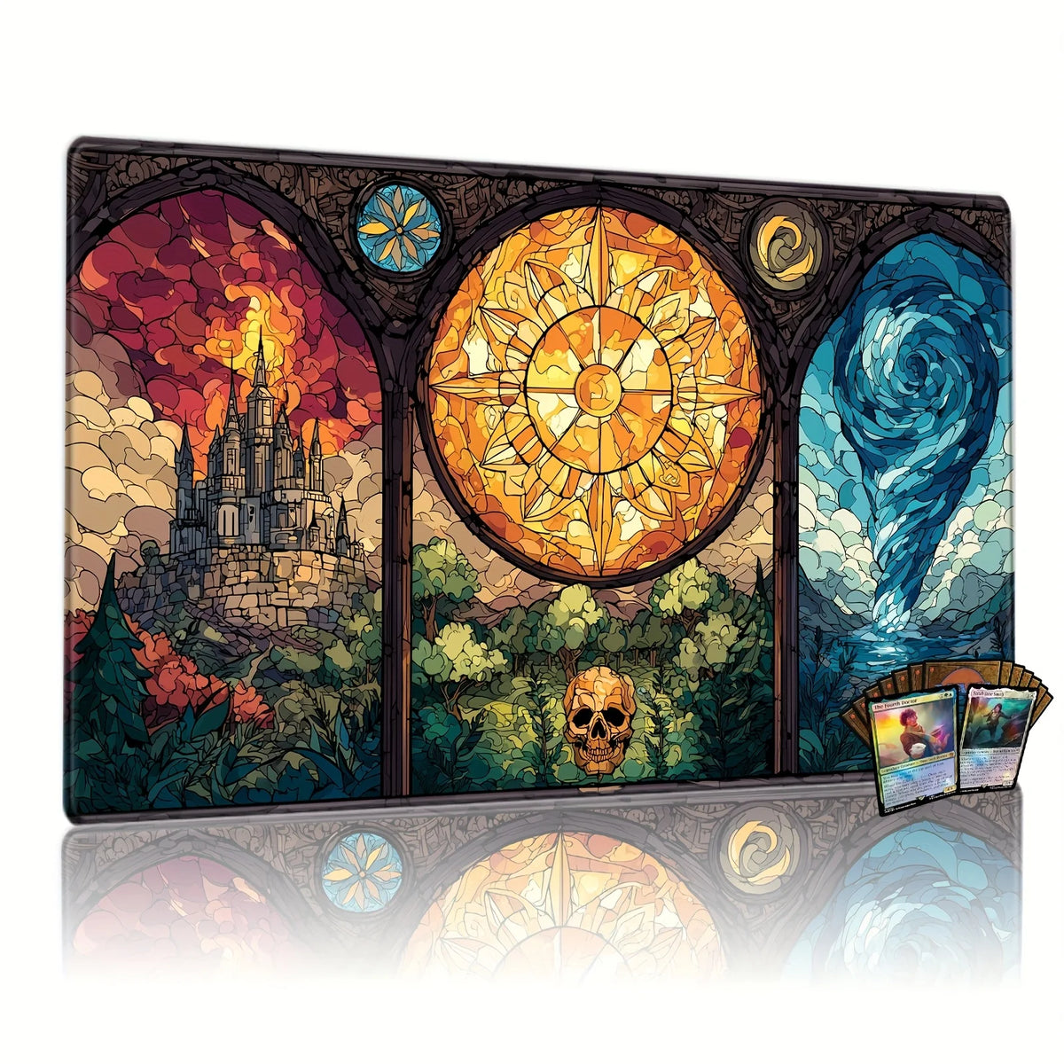 Stained glass art featuring a castle, skull, and swirling blue patterns on a mouse pad.