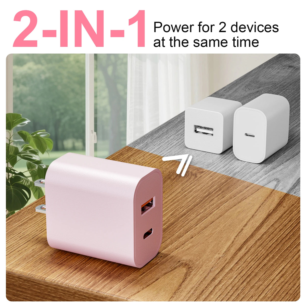A pink dual-port charging device is shown on a wooden table, demonstrating its power for two devices simultaneously.