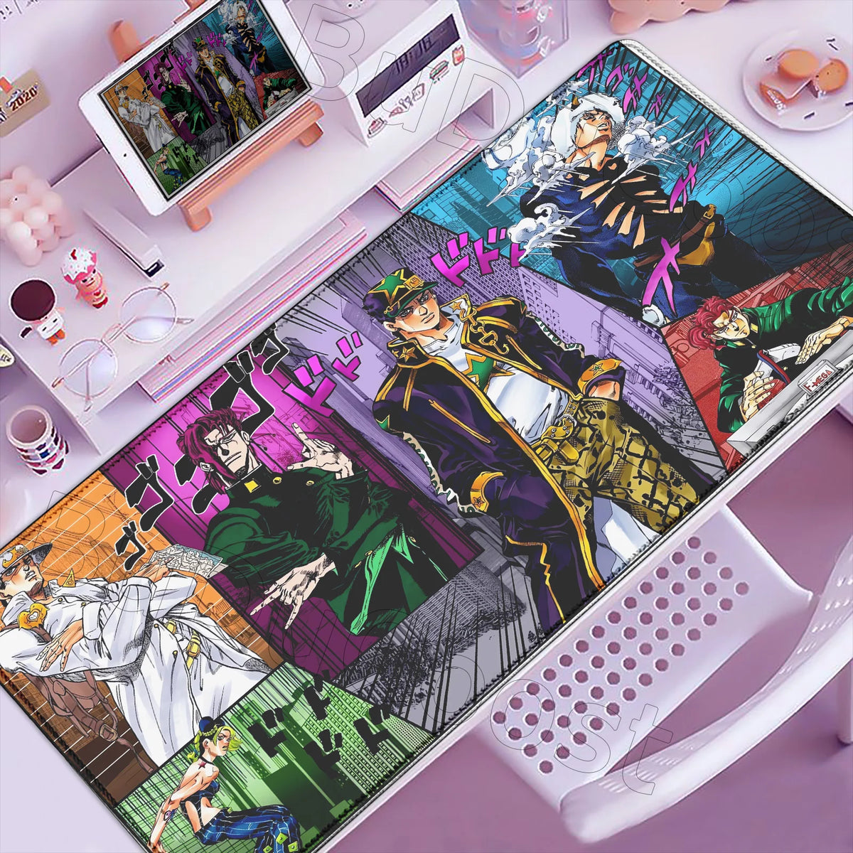 Anime-inspired XXL gaming mouse pad featuring colorful characters and action scenes