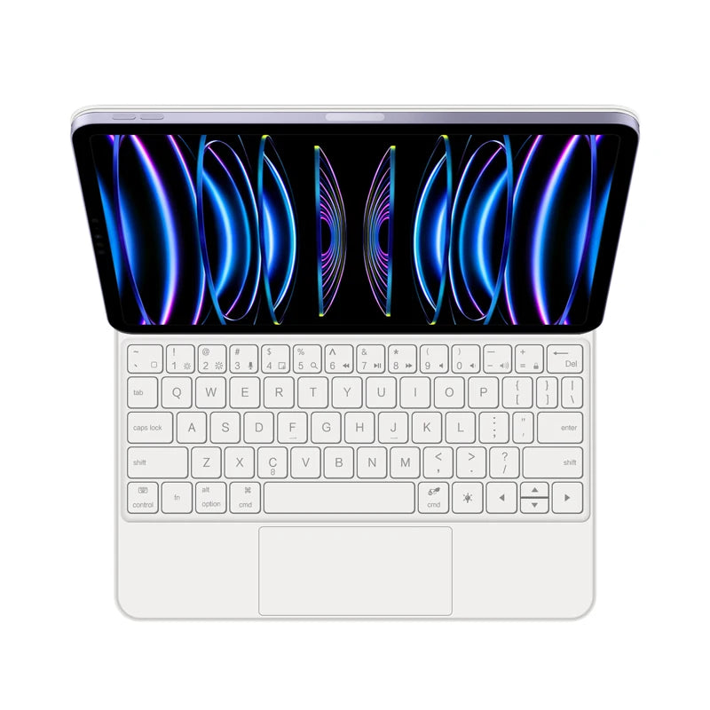 Backlit touchpad magic keyboard for iPad showing a glowing blue light display