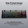 A close-up view of a black side-printed keycap set for mechanical keyboards with full size keycaps.