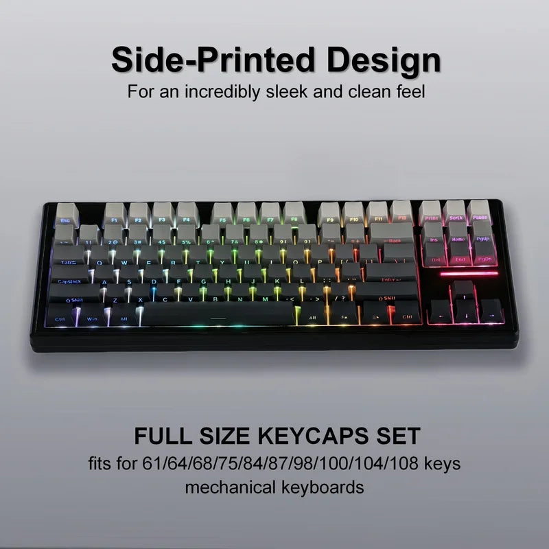 A close-up view of a black side-printed keycap set for mechanical keyboards with full size keycaps.