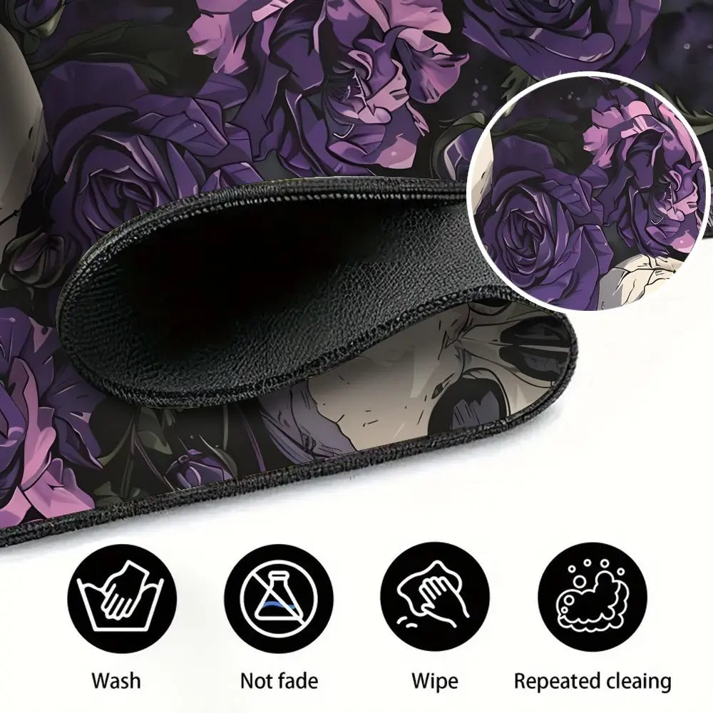 Black desk mat featuring a gothic skull and flower design with repeated cleaning instructions.